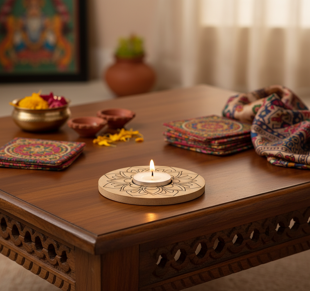 Decorative setup on a wooden table with a lit candle, coasters, and colorful items with mdf tealight candle holder.