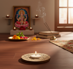 Decorative setting with candles, incense, and a painting on a wooden table mdf tealight candle holder.