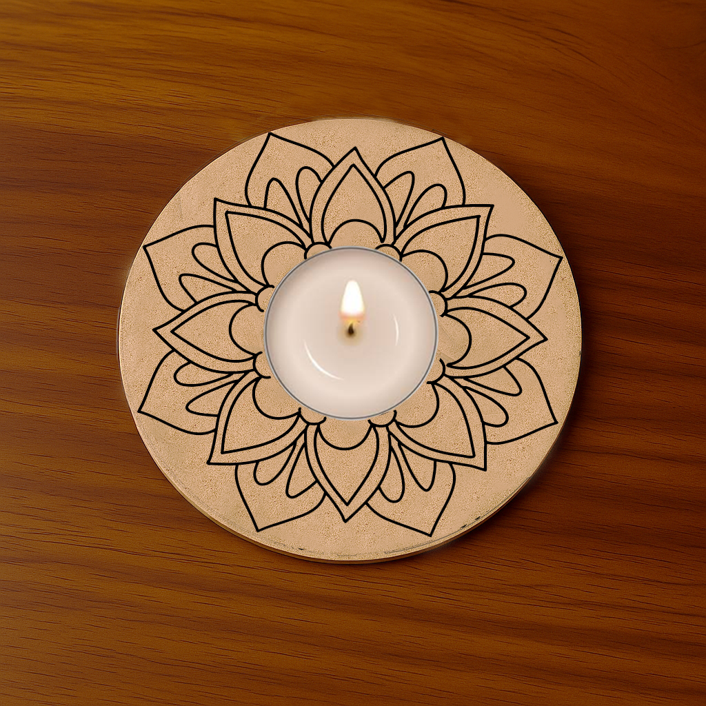 Petal mandala engraved MDF round T-Light Candle Holder with lit tealight 