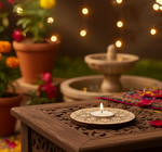 Decorative candle on a wooden table with blurred lights and plants in the background mdf tealight candle holder.