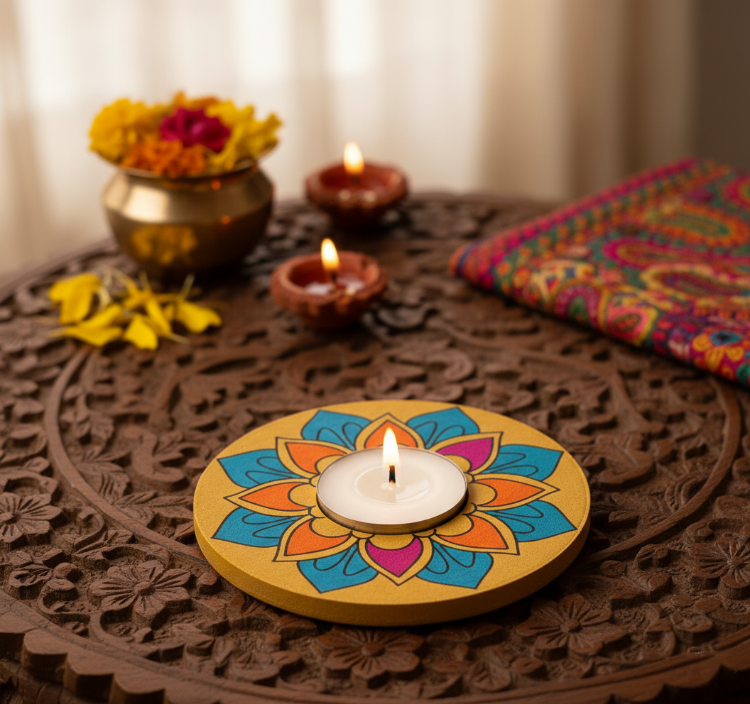 Decorative candle holder with colorful design on a wooden table with candles and flowers with handpainted mdf tealight candle holder.
