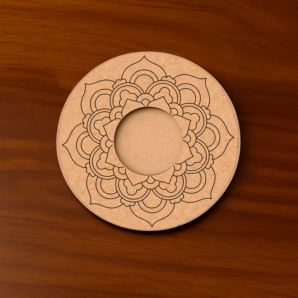 Intricate mandala engraved round MDF T-Light Candle Holder 