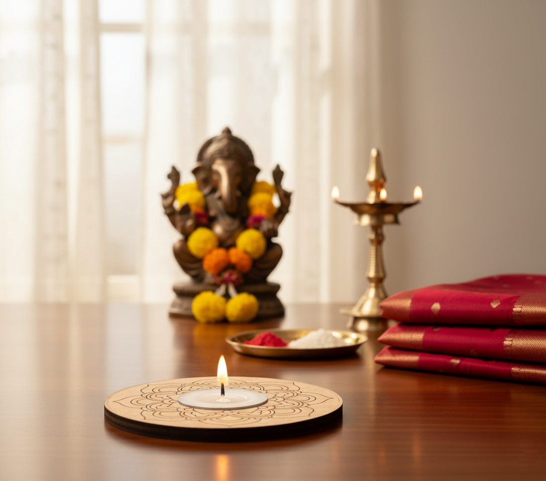 Decorative setup with a lit candle, statue, and traditional items on a table with mdf tealight candle holder.