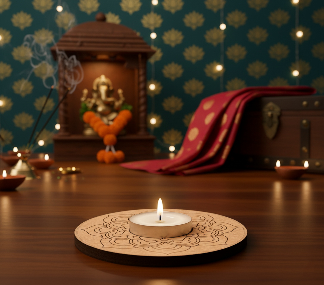 Decorative setup with a lit candle on a wooden coaster, traditional decorations, and a patterned wall with mdf tealight candle holder