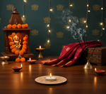 Decorative setup with candles, incense sticks, and a small shrine on a wooden table with mdf tealight candle holder.