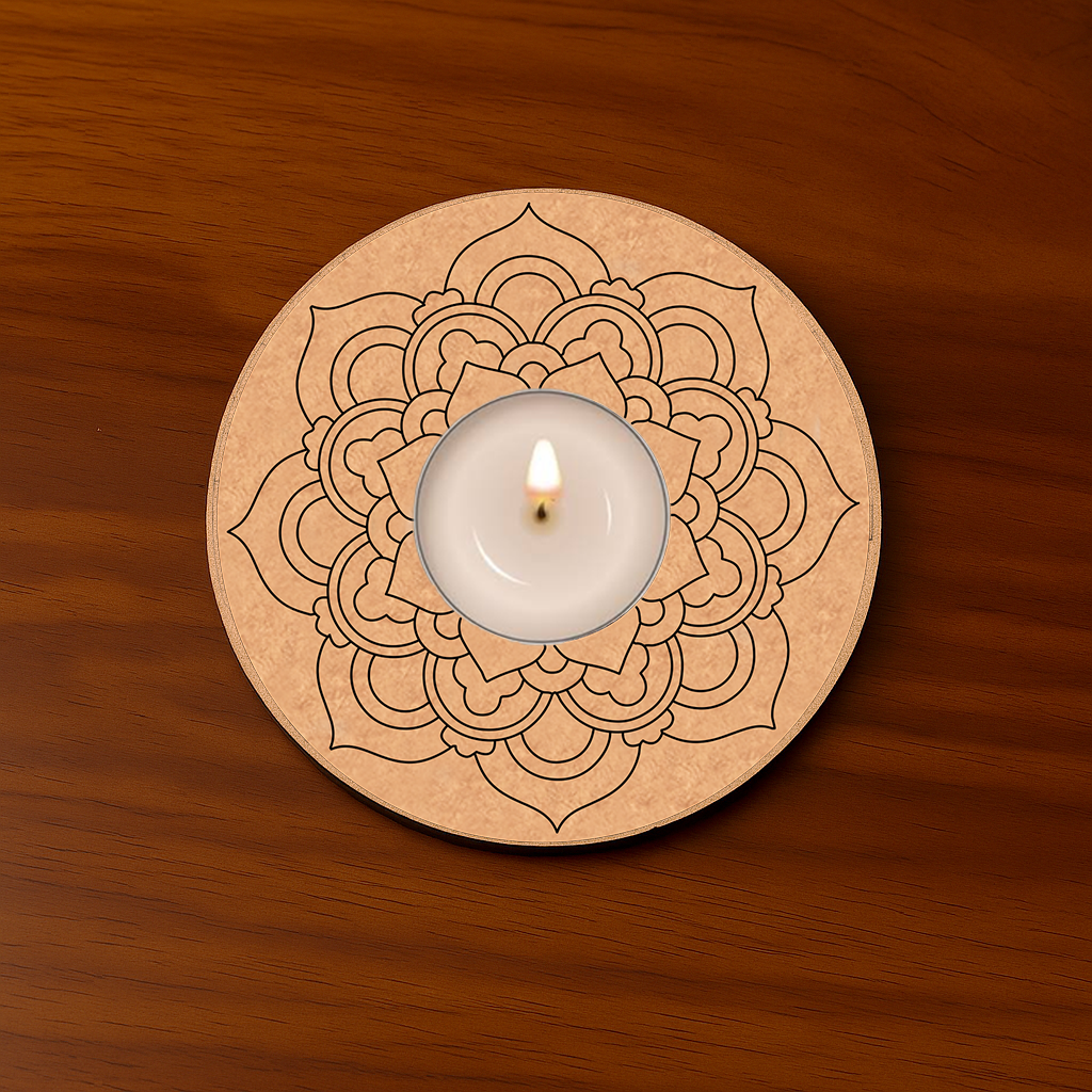 Intricate mandala engraved round MDF T-Light Candle Holder with glowing tealight 