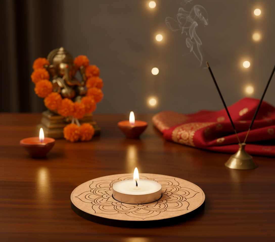 Decorative setup with candles, incense sticks, and a statue on a wooden surface with mdf tealight candle holder.