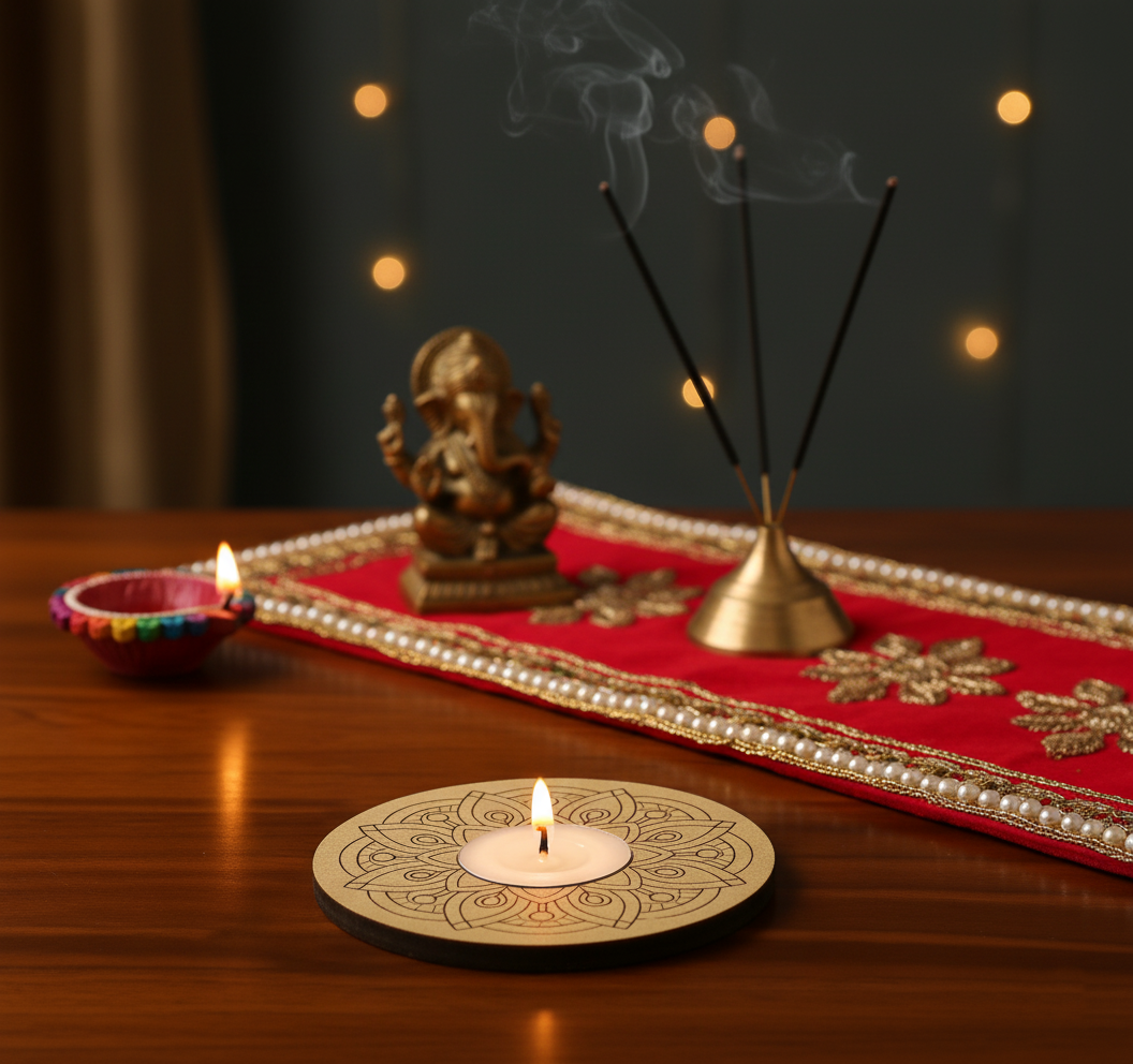 Decorative setup with a lit candle, small statue, and incense sticks on a red cloth with mdf tea light candle holder.