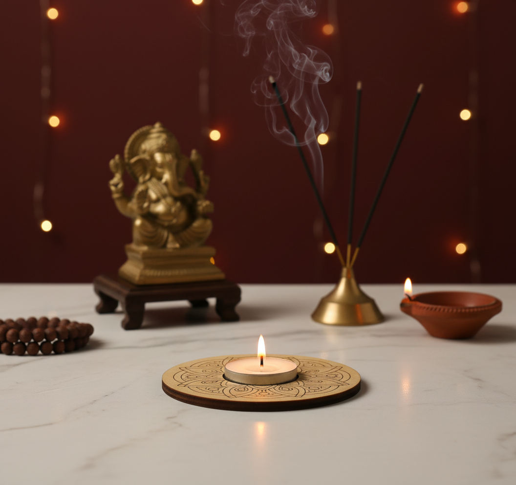 Decorative setup with a lit candle, incense sticks, and a small statue on a marble surface with mdf tealight candle holder.