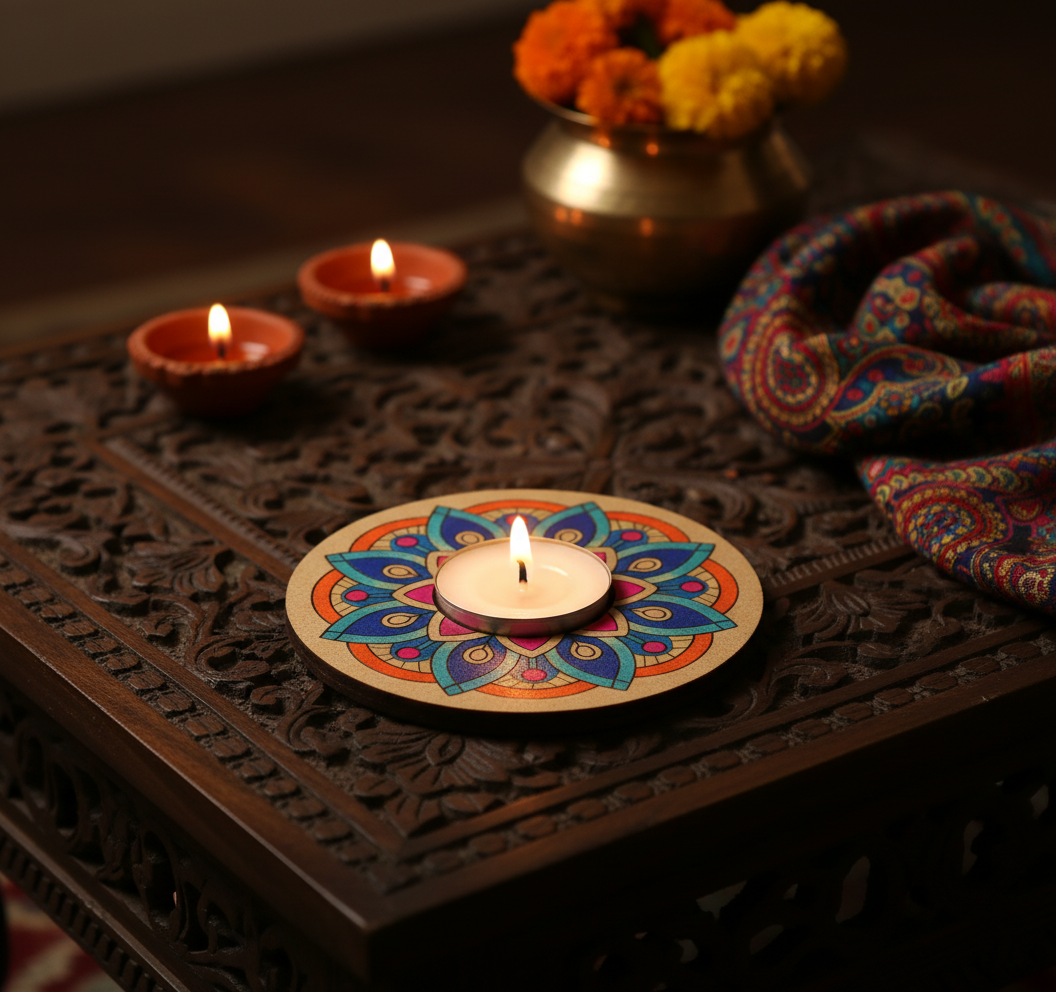 Decorative candle with floral and fabric elements on a dark surface with handpainted mdf tealight candle holder