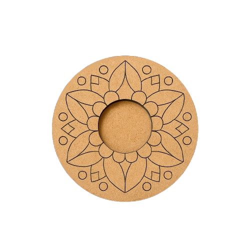 Round MDF candle holder with floral mandala design on a white background