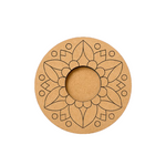 Round MDF candle holder with floral mandala design on a white background