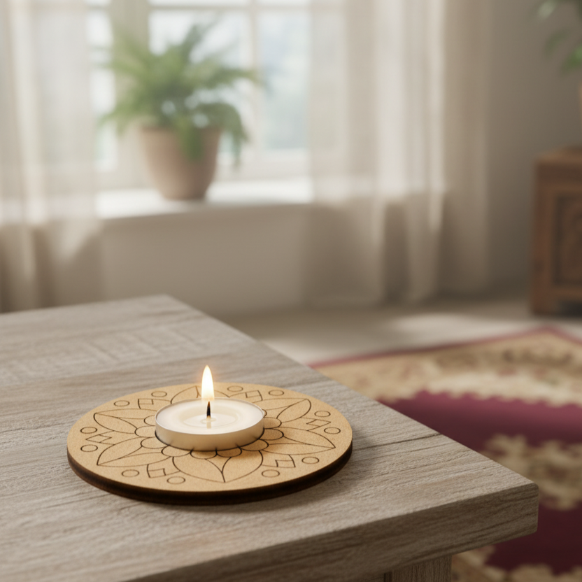Candle in a MDF holder on a table with a blurred indoor background
