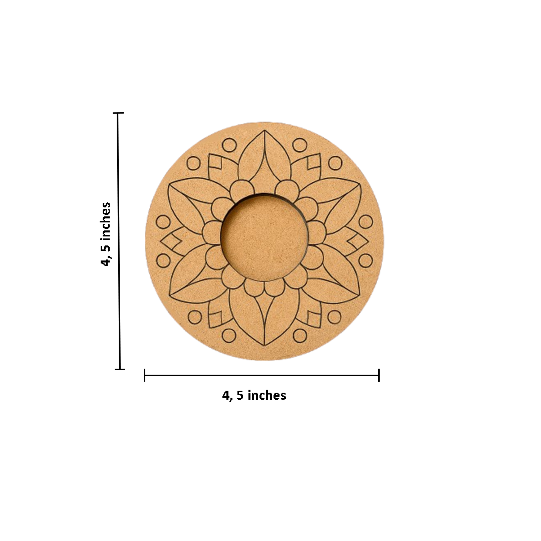 Circular MDF candle holder with floral design and measurements on a white background