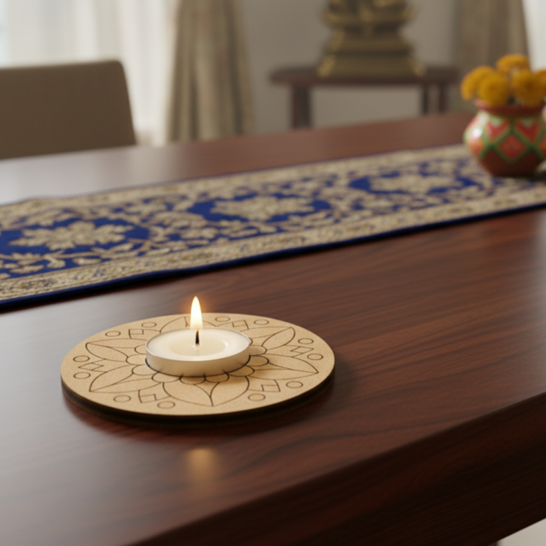 Candle on a decorative MDF holder on a wooden table with a patterned runner and blurred background