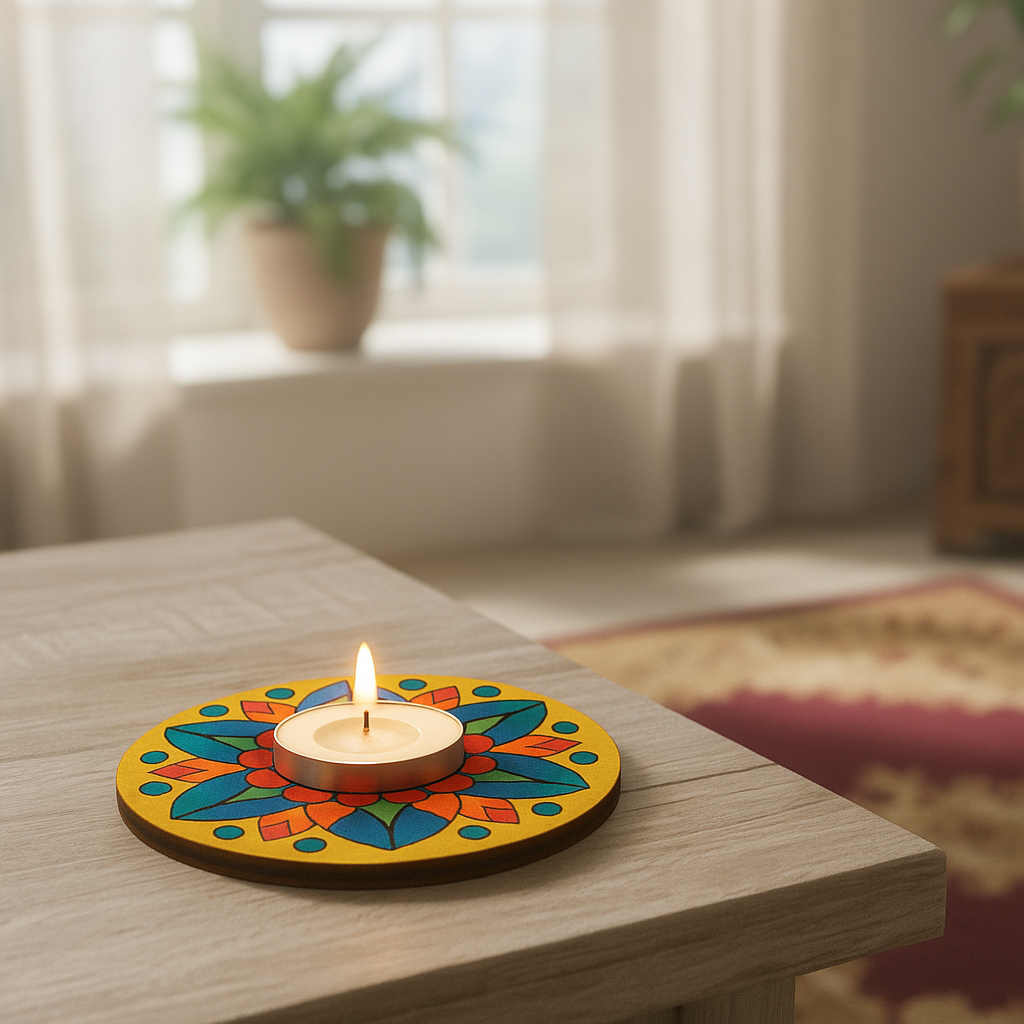 Decorative candle holder with colorful design on a wooden table, blurred indoor background