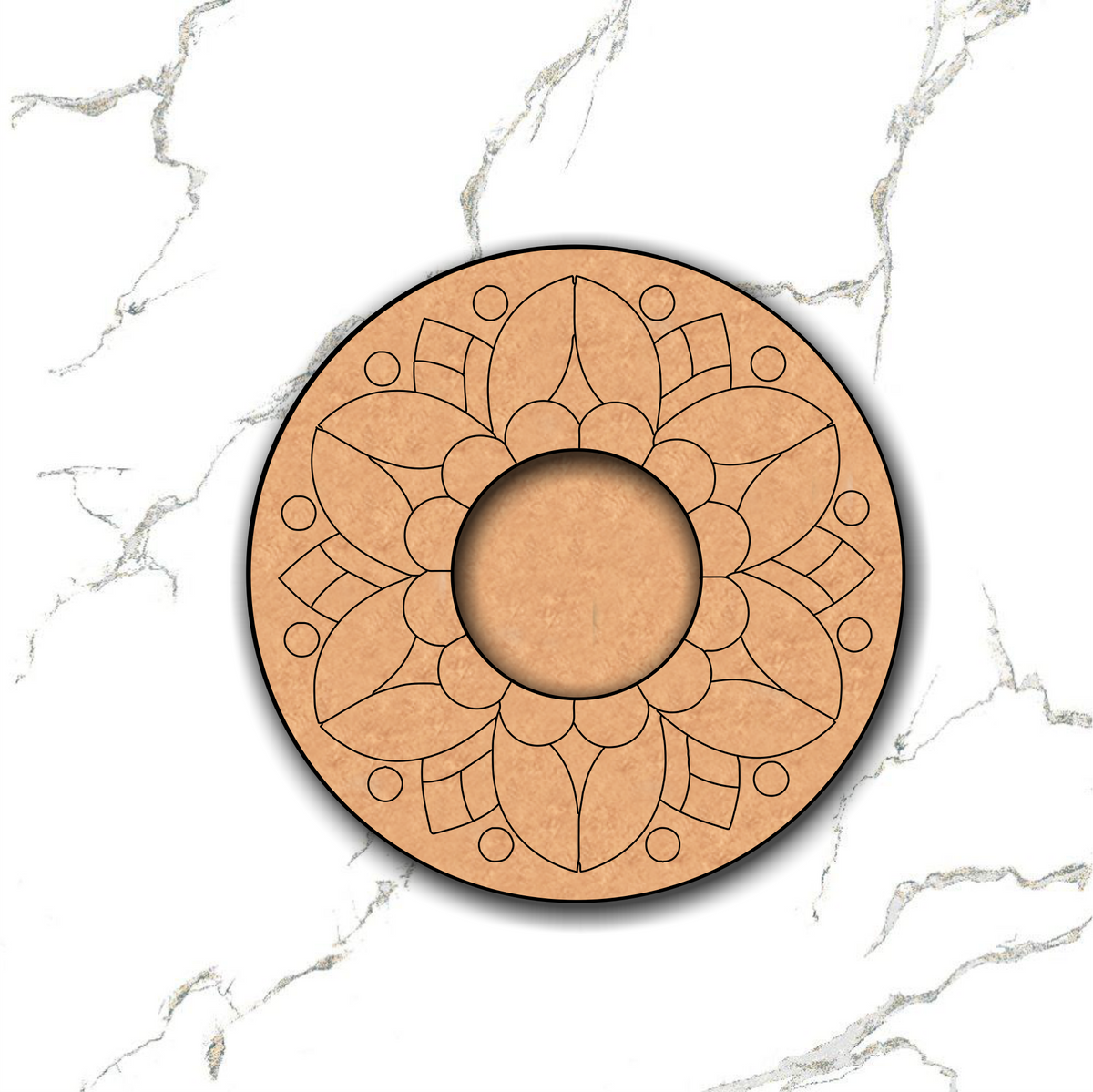 Circular MDF candle stand with floral design on a marble surface.