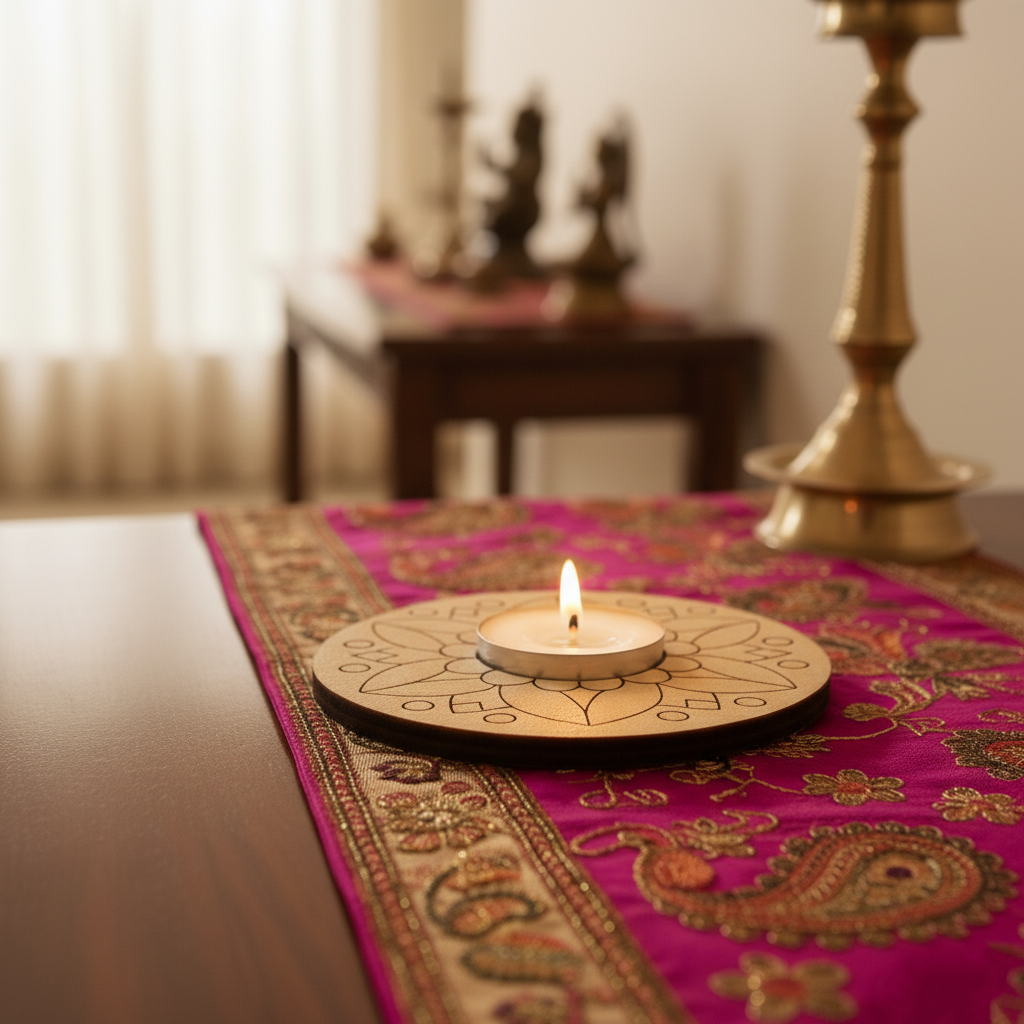 Candle on a decorative plate with a pattern, placed on a colorful tablecloth in a softly blurred room setting.