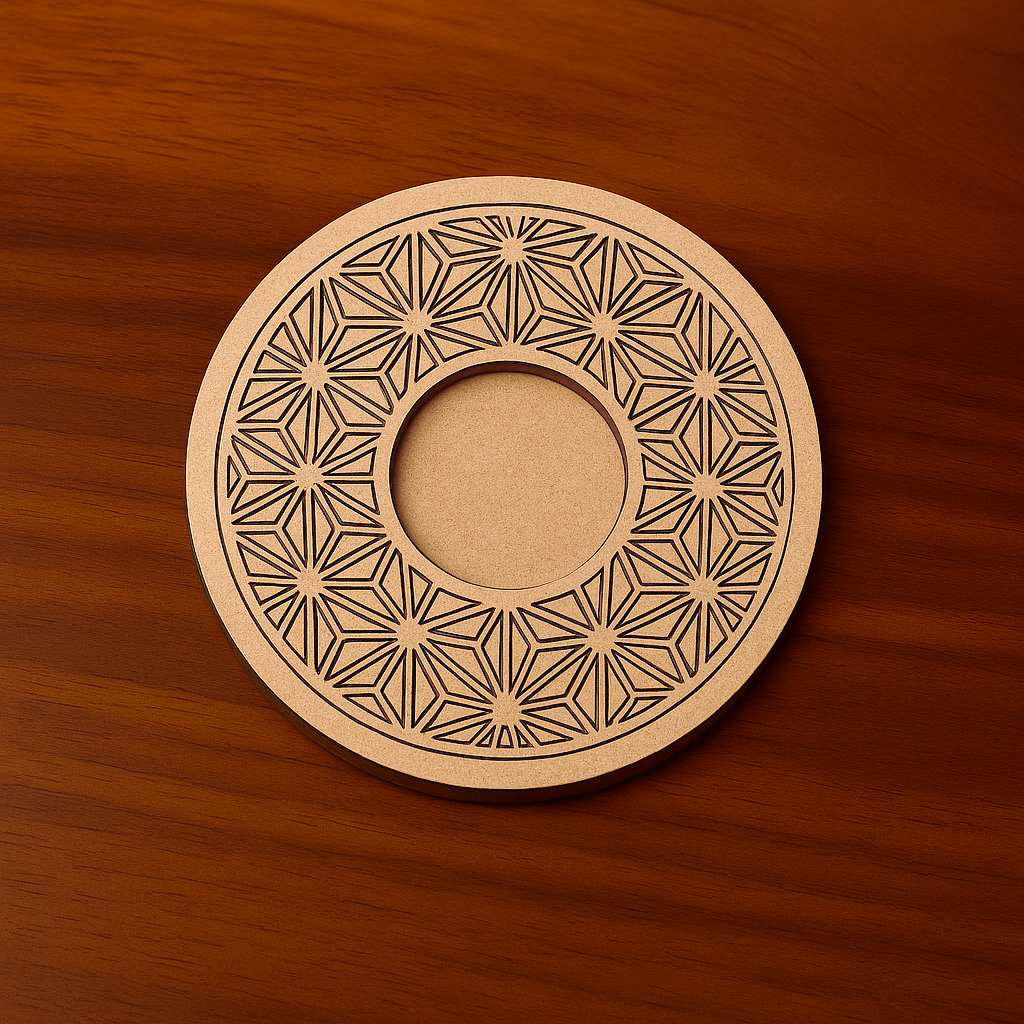 MDF Geometric Pattern Candle Holder – Round Laser Cut Plate on Wooden Table