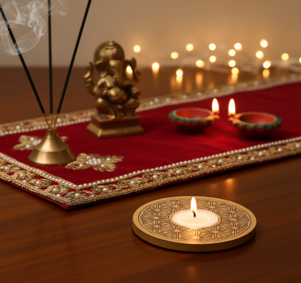Decorative setup with a lit candle, diya, and statue on a red cloth with a blurred background of lights with mdf tea light candle holder.