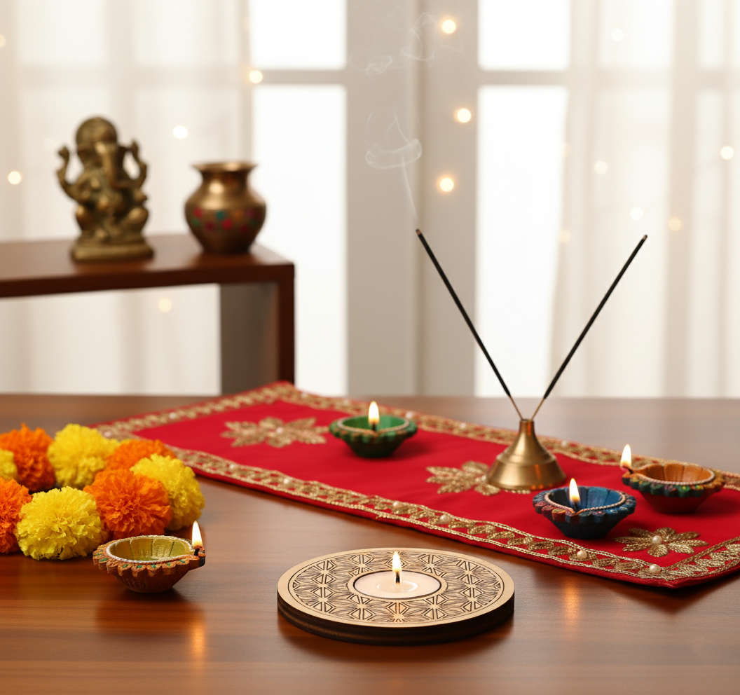 Decorative setup with candles, incense sticks, and marigold flowers on a table with mdf tealight candle holder.