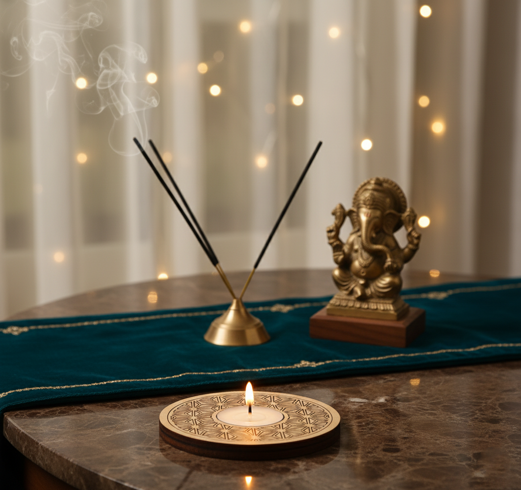 Incense stick holder with burning candle and small statue on a table with a blurred background with mdf tea light candle holder.