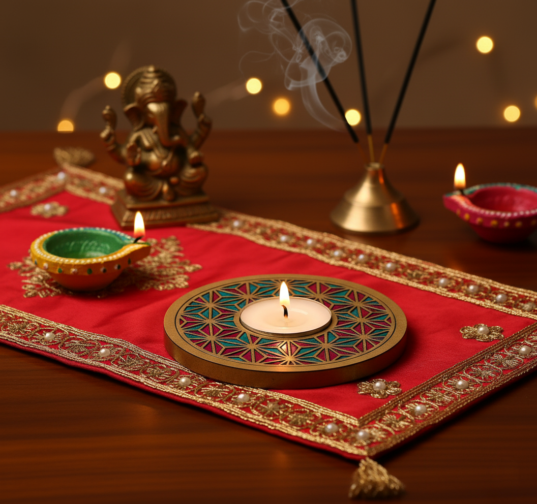 Decorative setup with a lit candle, diya, and Ganesha idol on a red cloth with handpainted tea light candle holder.