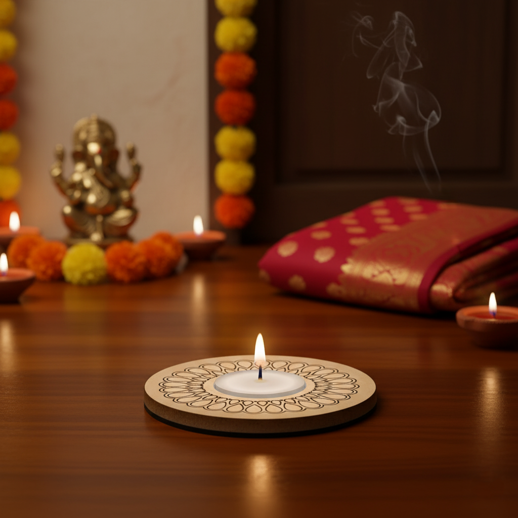 Decorative setup with candles and a small statue on a wooden surface with mdf tea light candle holder
