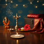 Decorative setting with candles, flowers, and a statue on a table against a dark blue wall with string lights mdf candle tea light holder