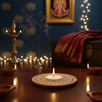 Decorative setup with candles, incense, and a framed picture on a dark background with mdf tea light candle holder.