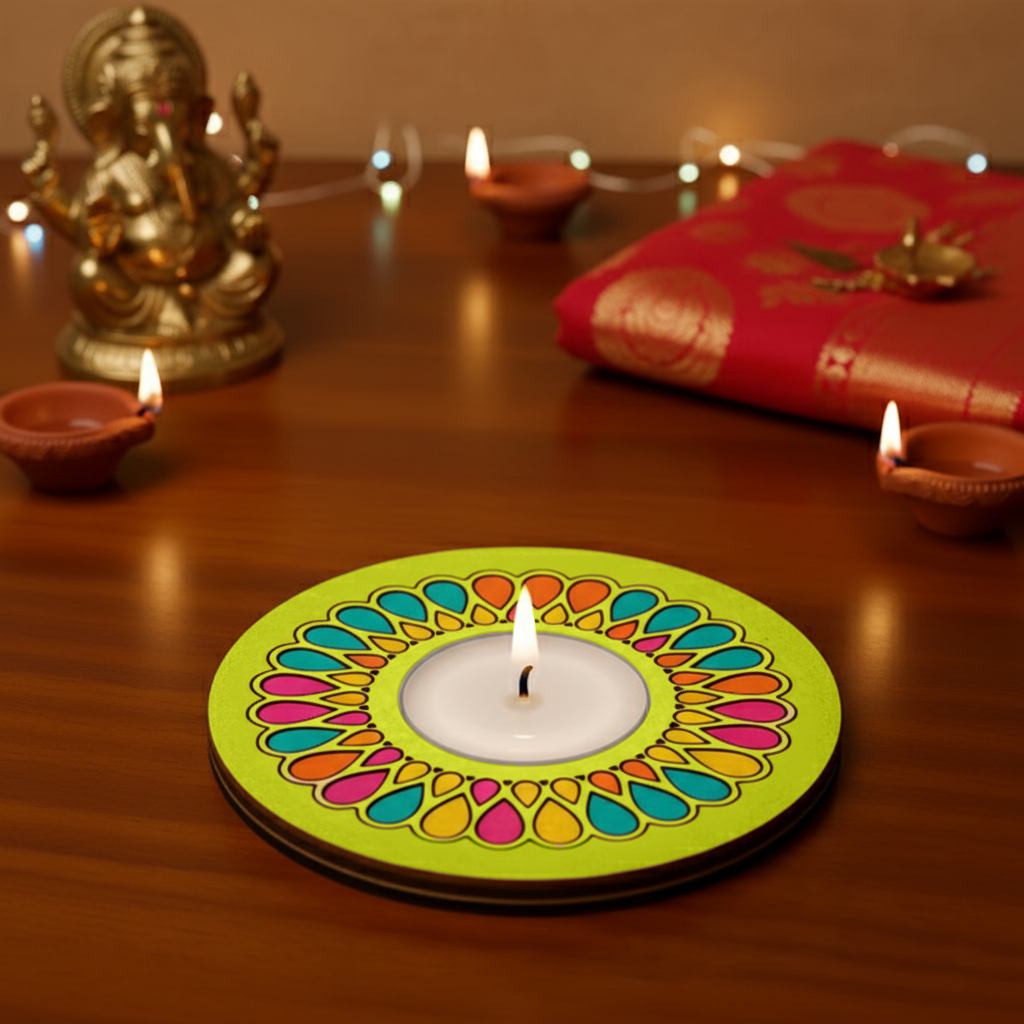 Decorative candle holder with colorful design on a wooden surface with Diwali decorations with hand painted mdf tealight candle holder.