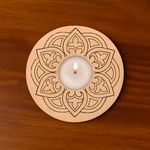Lotus Mandala MDF Candle Holder – Laser Cut Tealight Plate on Wooden Table