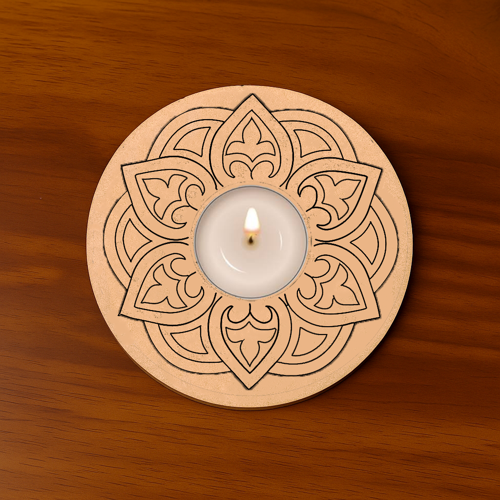Lotus Mandala MDF Candle Holder – Laser Cut Tealight Plate on Wooden Table