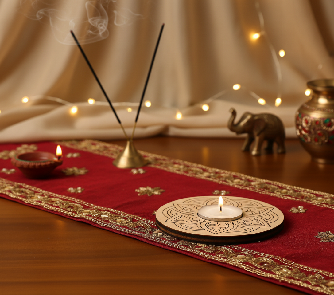 Decorative setting with incense sticks, candles, and a red cloth on a wooden surface with mdf tea light candle holder.