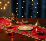 Decorative setup with lit candles, incense sticks, and a statue on a red cloth with a blurred light background and mdf tea light candle holder in the centre.