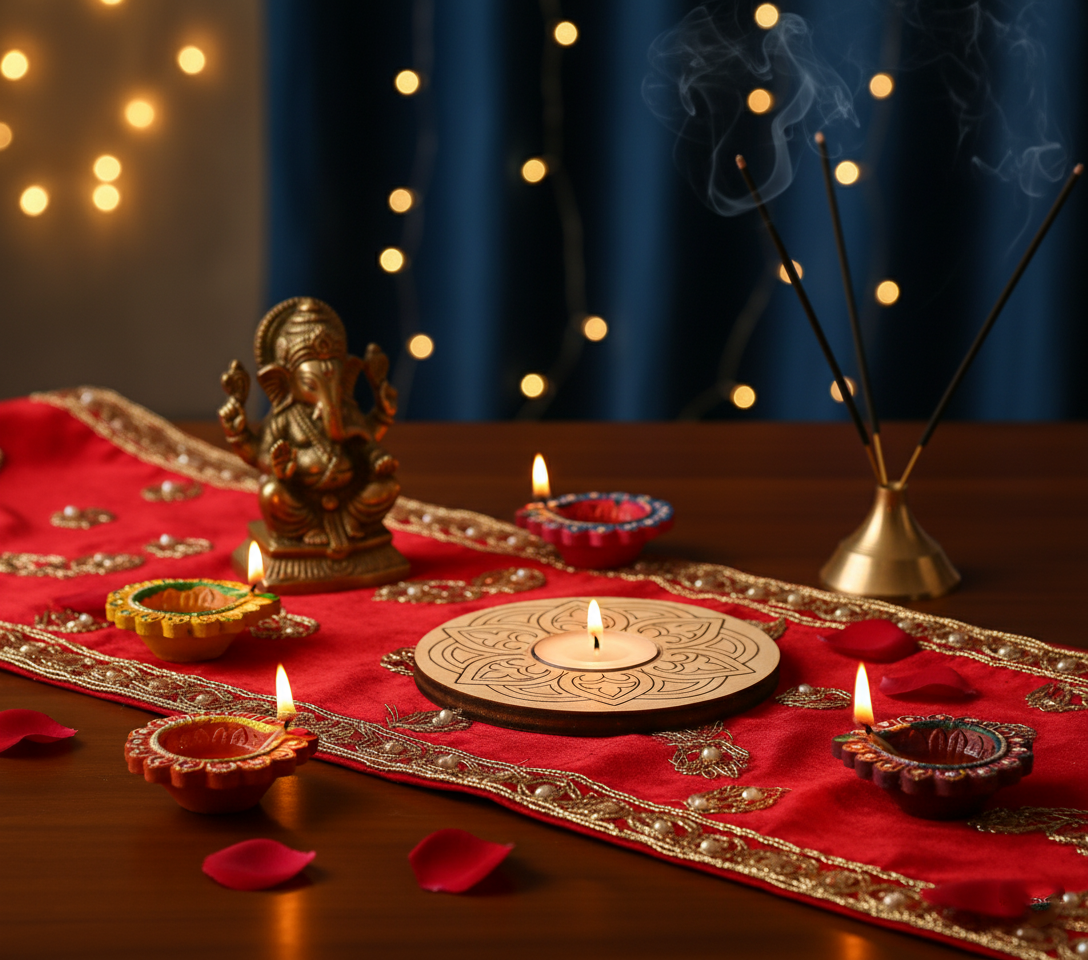 Decorative setup with lit candles, incense sticks, and a statue on a red cloth with a blurred light background and mdf tea light candle holder in the centre.
