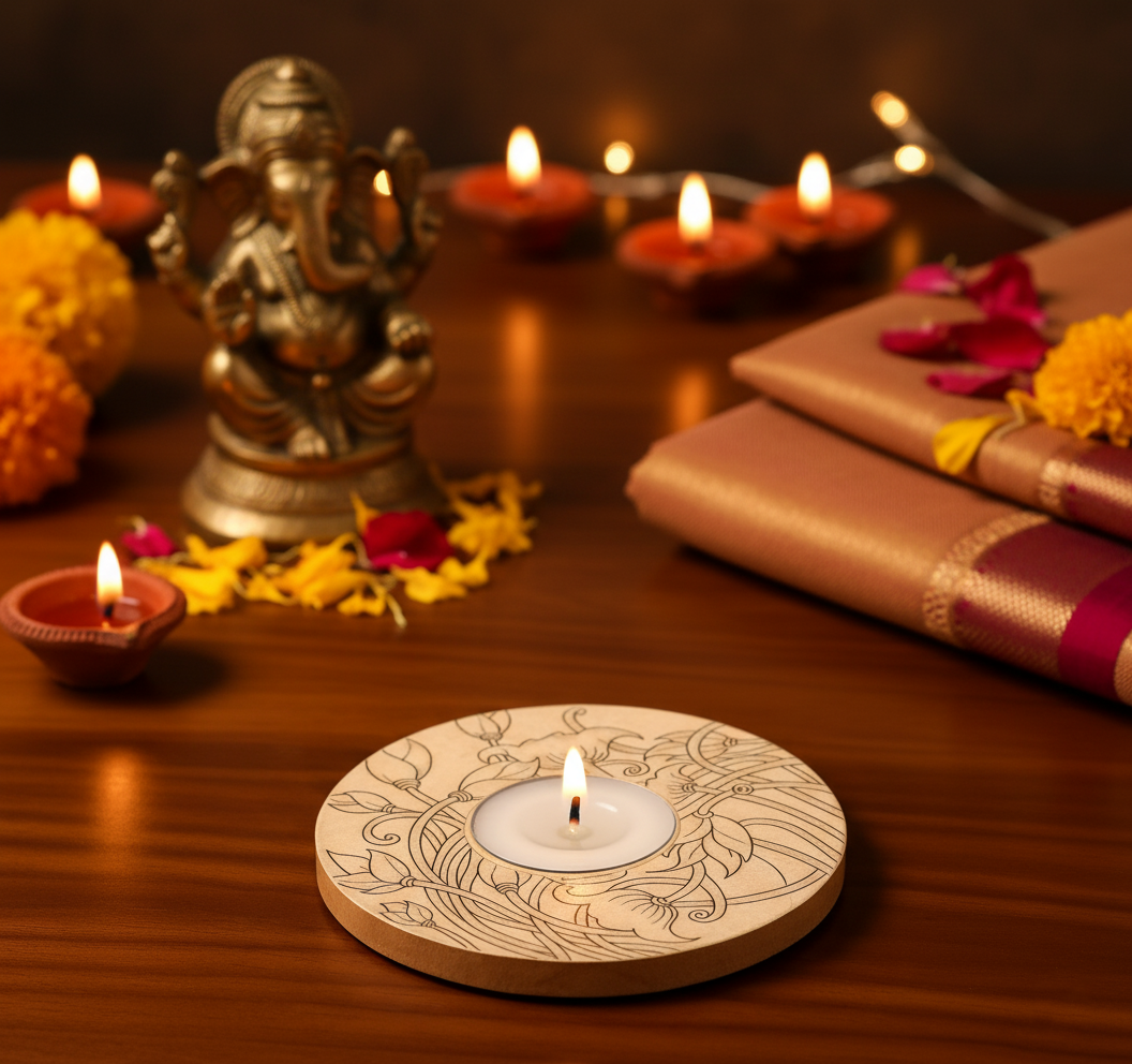 Decorative setup with a lit candle, flowers, and a statue on a wooden surface with mdf tea light candle holder.
