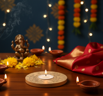 Decorative setup with candles, flowers, and a statue on a wooden surface with a dark background with mdf tea light candle holder in the centre