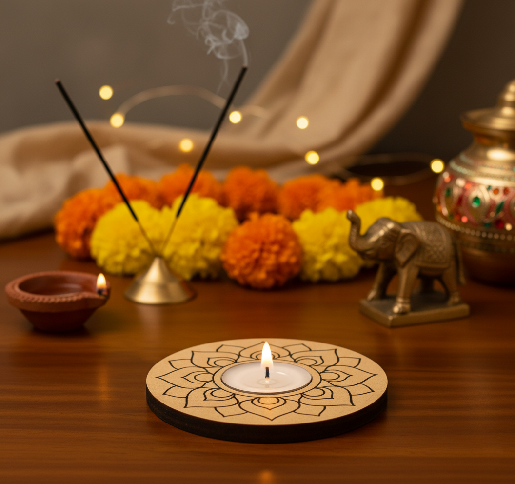 Decorative setup with candles, incense sticks, and marigold flowers on a wooden surface with mdf tealight candle holder.