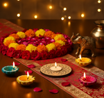Decorative setup with flowers, candles, and an elephant statue on a table with a warm glow with mdf tea light candle holder.