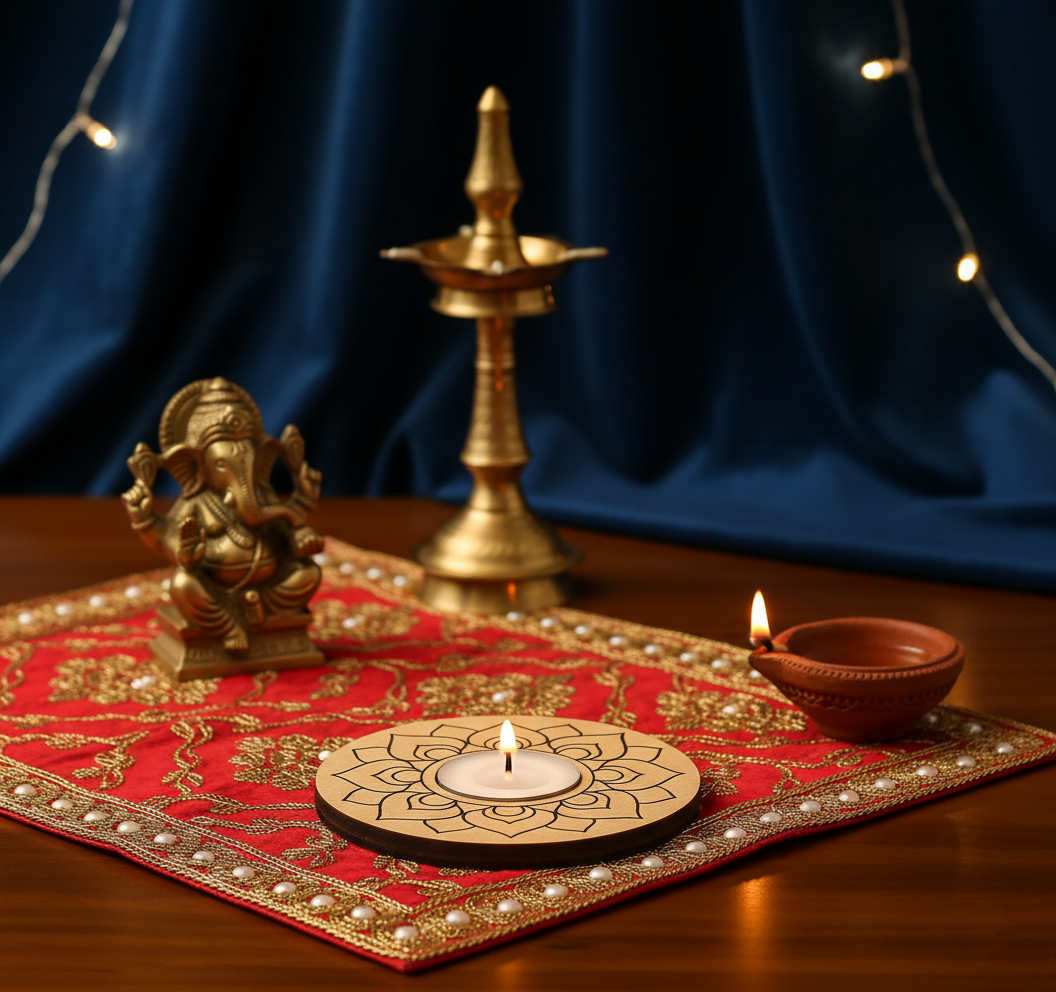 Decorative setup with a brass lamp, Ganesha statue, and lit candle on a red cloth against a dark blue background.