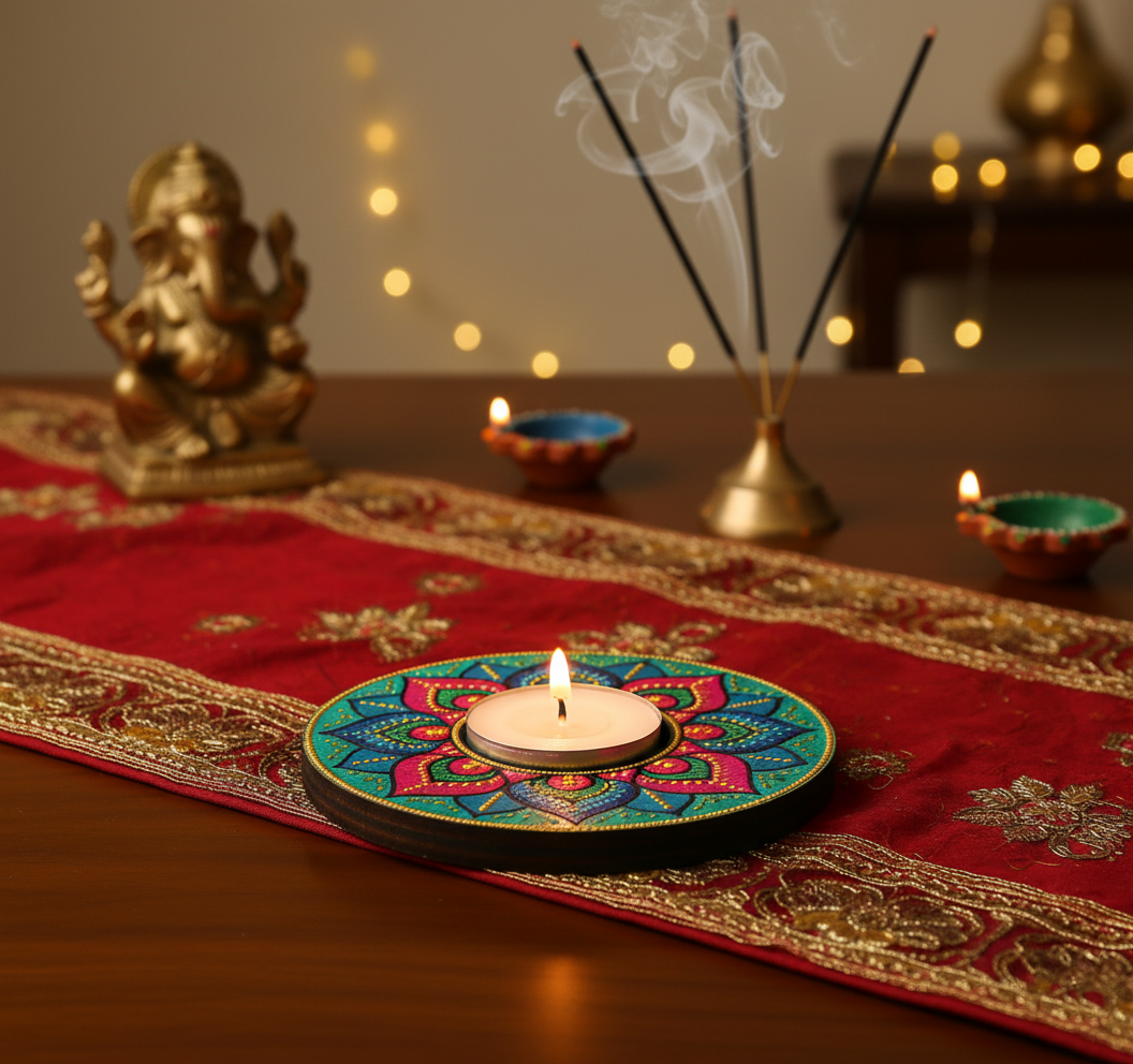 Decorative candle on a colorful plate with incense sticks and a statue of Ganesha on a red cloth and handpainted mdf tea light candle holder.
