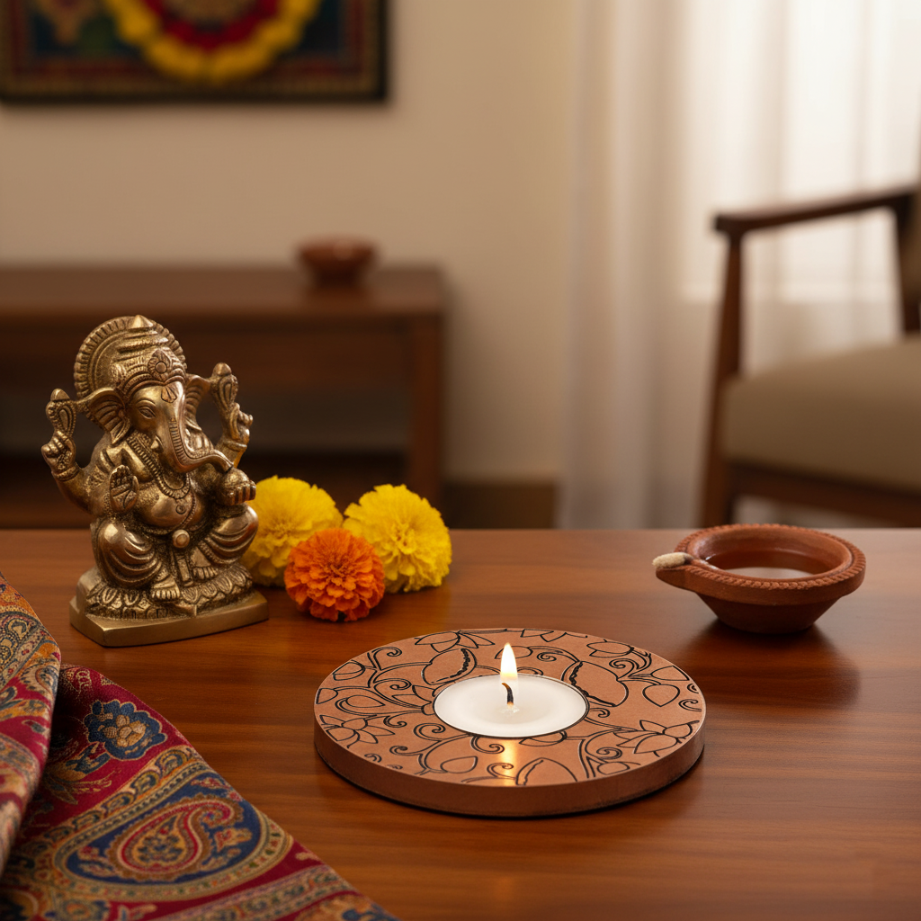 Decorative setup with a statue, candles, and flowers on a wooden table.