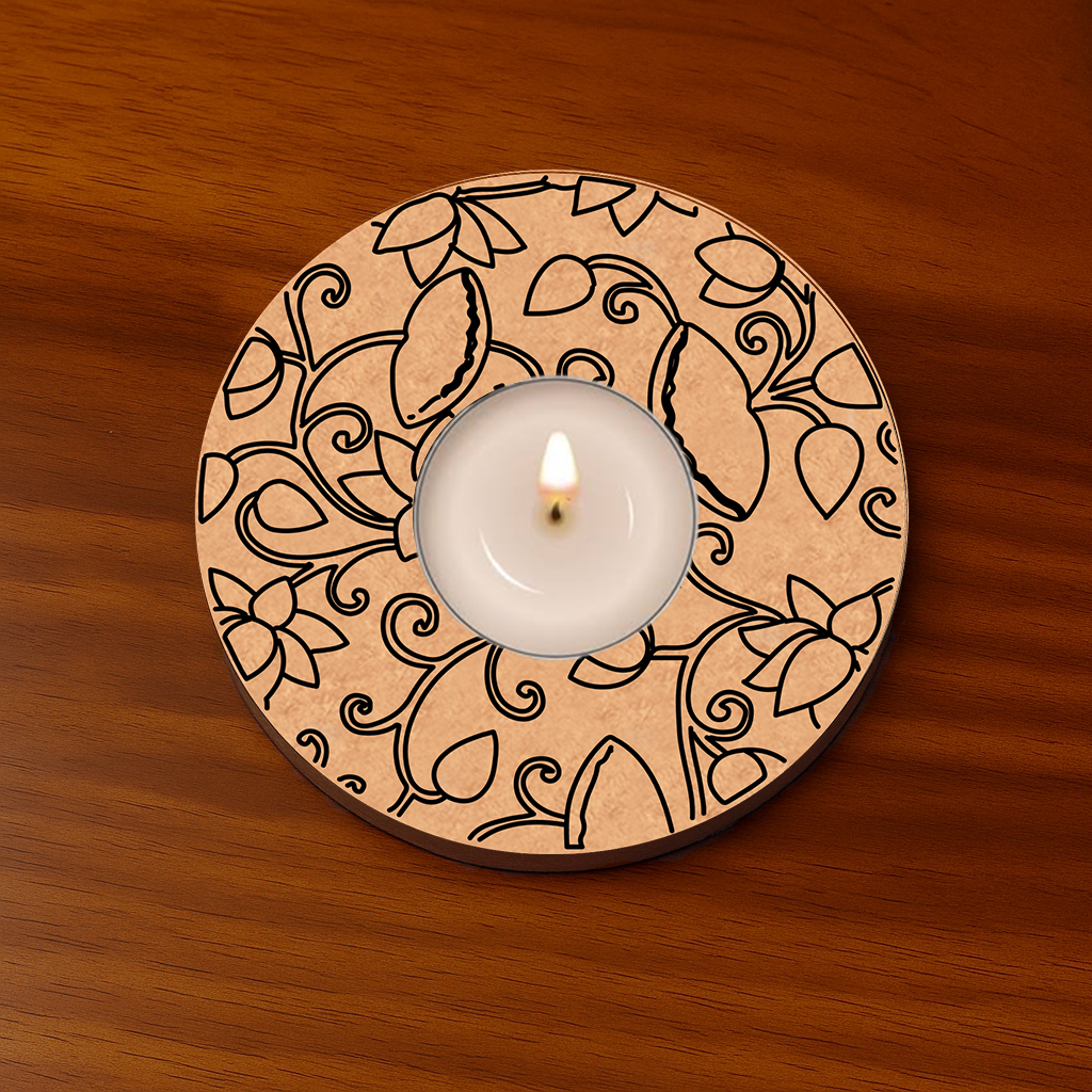 Round MDF Tealight Candle Holder with floral engraving design – decorative t-light stand
