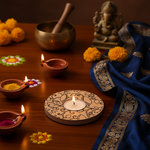 Decorative setup with candles, flowers, and a blue saree on a wooden table with mdf tea light candle holder