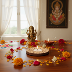Decorative setup with a statue, candles, and flowers on a wooden surface with mdf tea light candle holder.