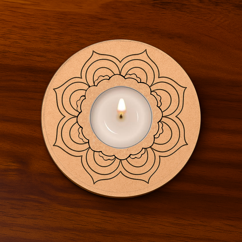 Round MDF Tealight Candle Holder with engraved mandala design – decorative t-light stand