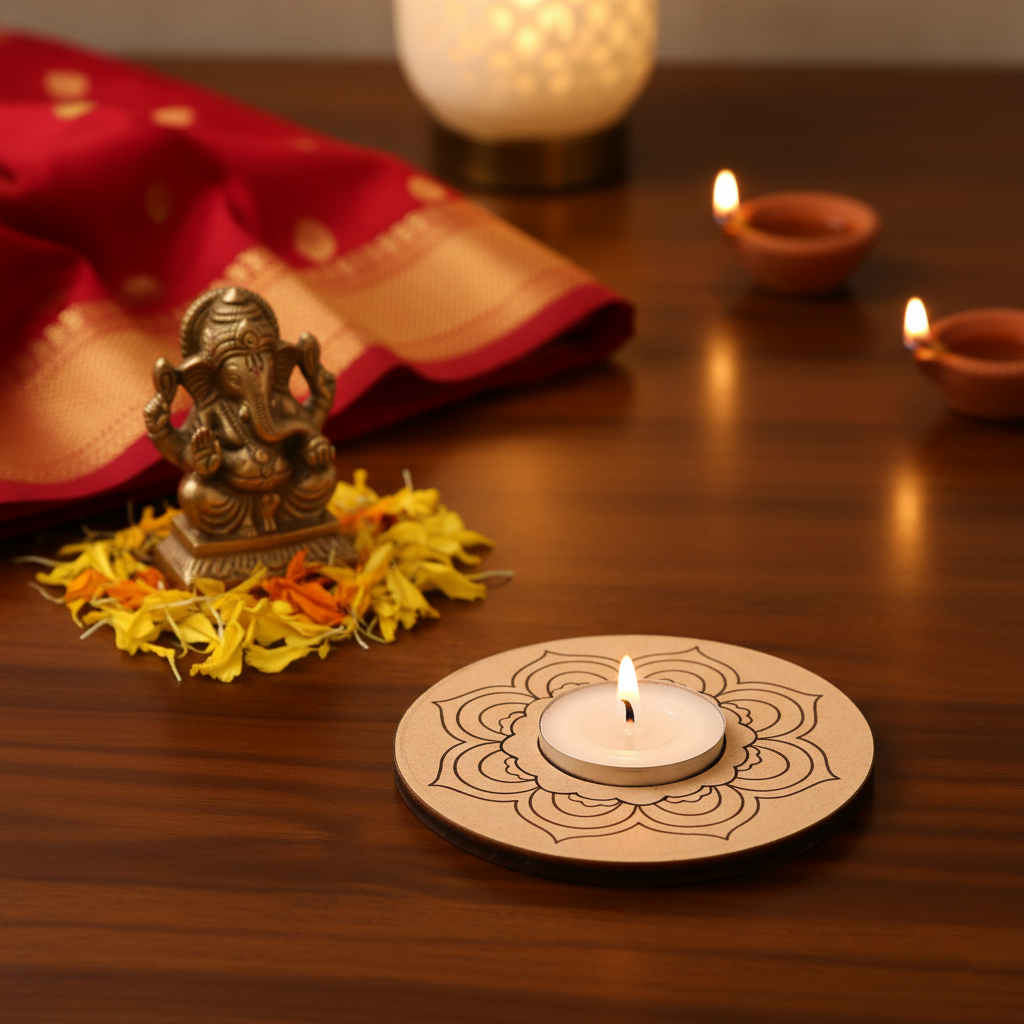 Decorative setup with a lit candle on a MDF tea light candle holder , Ganesh statue, and Diwali-themed decor on a wooden table.
