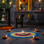 Decorative setup with candles and a colorful rangoli design on a stone floor with mdf tea light candle holder.