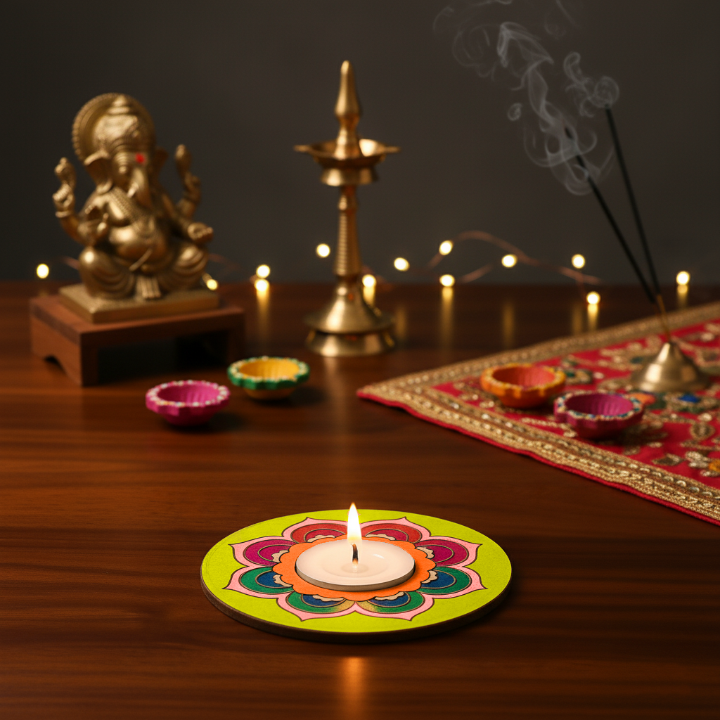 Hand painter MDF Tealight candle holder with lit tea light candle in it on a faded background.